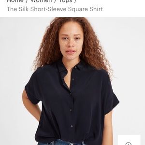 Everlane Silk Short-Sleeve Square Shirt Navy Blue
